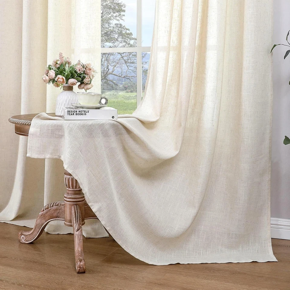 Linen Curtains Eyelet Sheer Net Voile 2 Panels 55" Width X 84" Drop Natural - Image 2