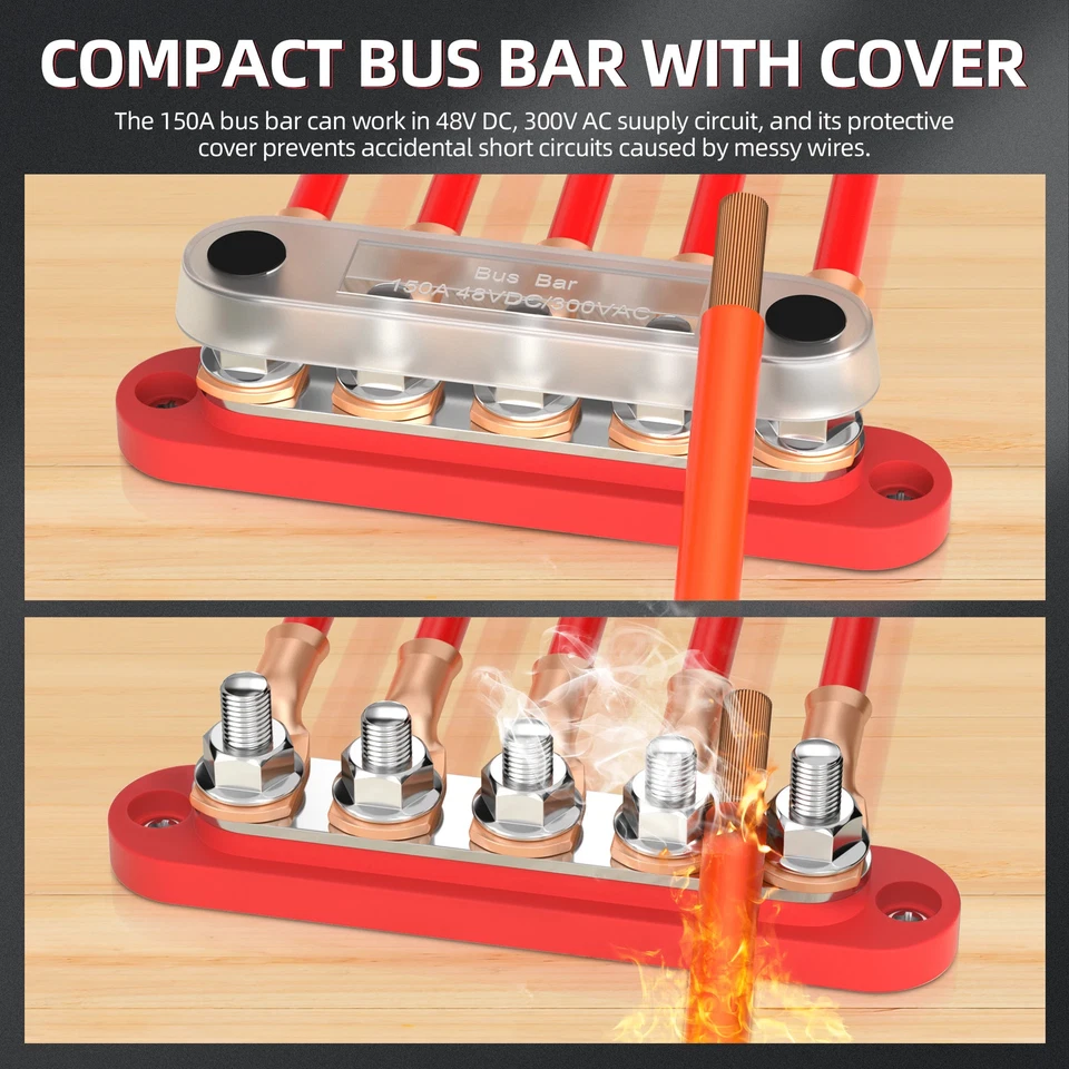 DaierTek 12V Power Distribution Bus Bar Block With Cover 5 Stud 150A 48VDC Auto - Image 3